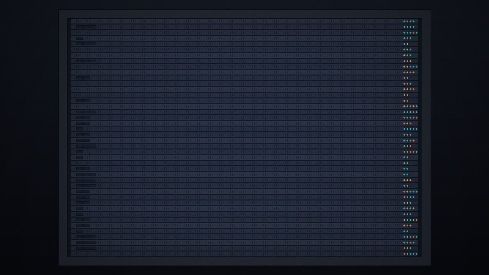 Close-up of a server cabinet with status indicators across 1U slots.